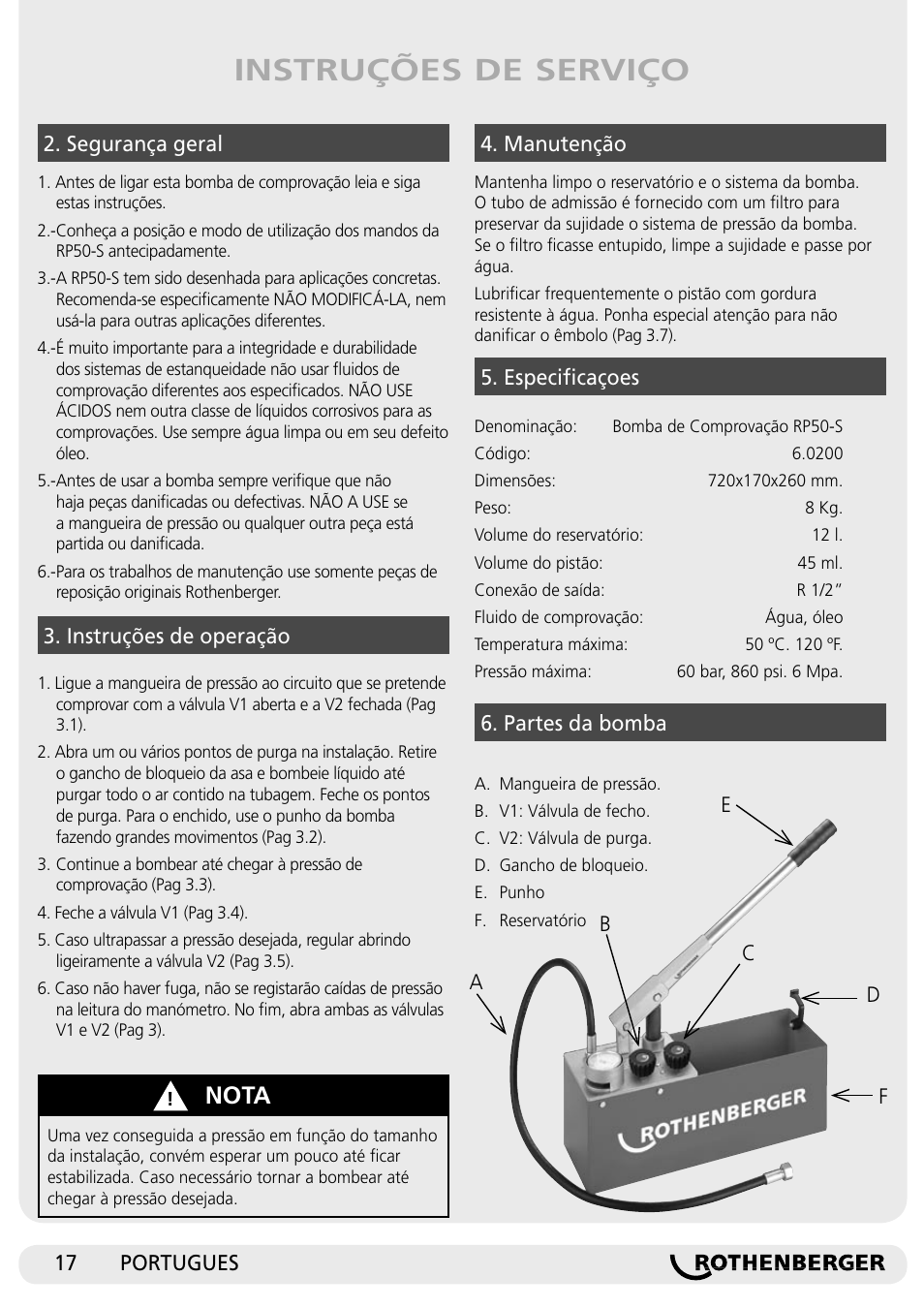 Instruções de serviço, Nota | ROTHENBERGER RP 50-S/RP 50-S INOX User Manual | Page 17 / 24