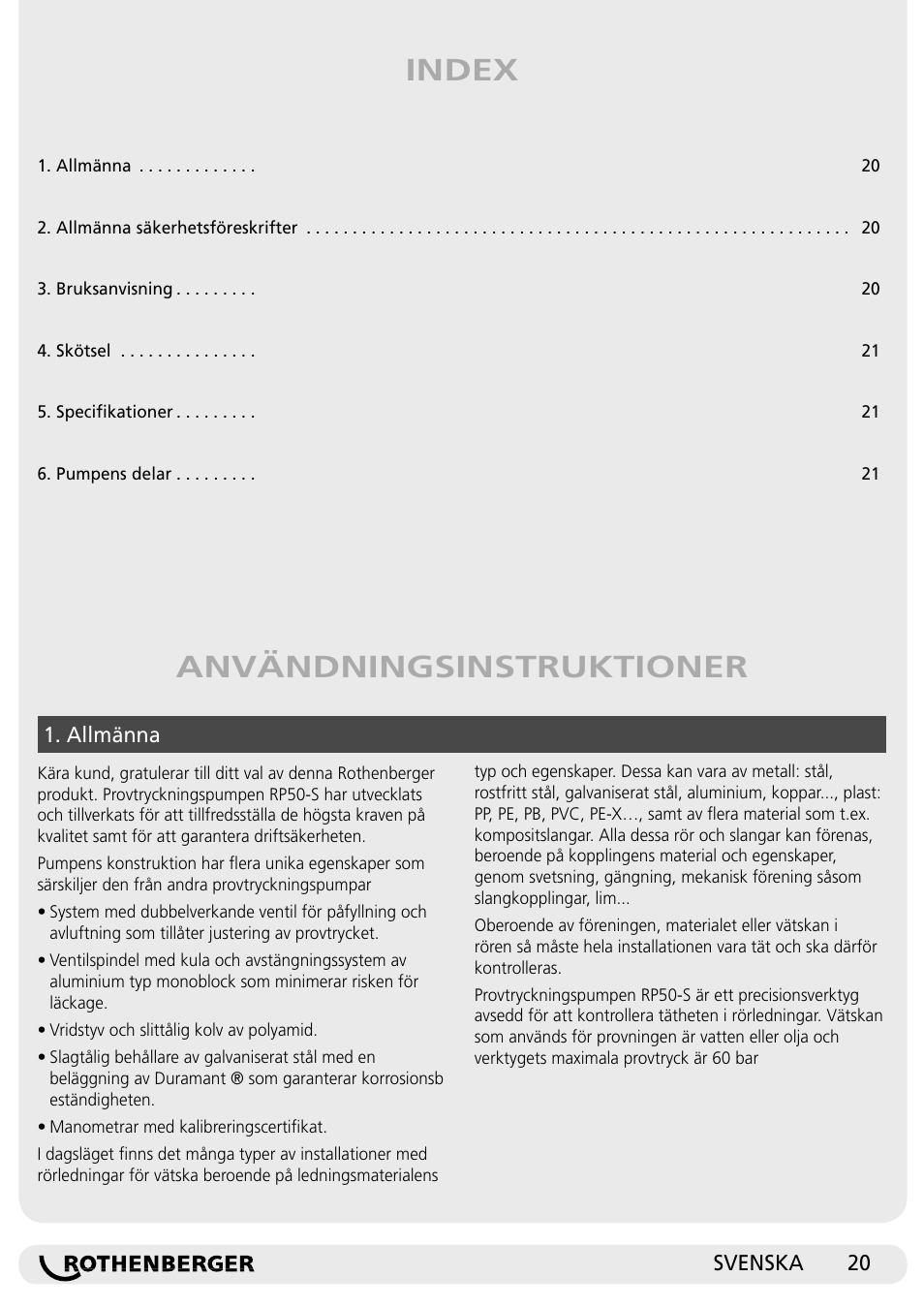 Användningsinstruktioner index | ROTHENBERGER RP 50-S/RP 50-S INOX User Manual | Page 20 / 24