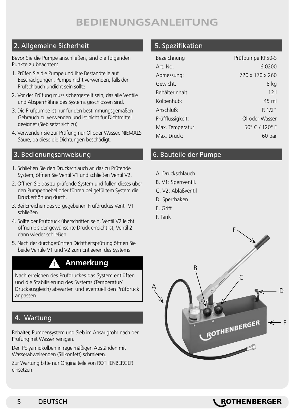 Bedienungsanleitung, Anmerkung | ROTHENBERGER RP 50-S/RP 50-S INOX User Manual | Page 5 / 24