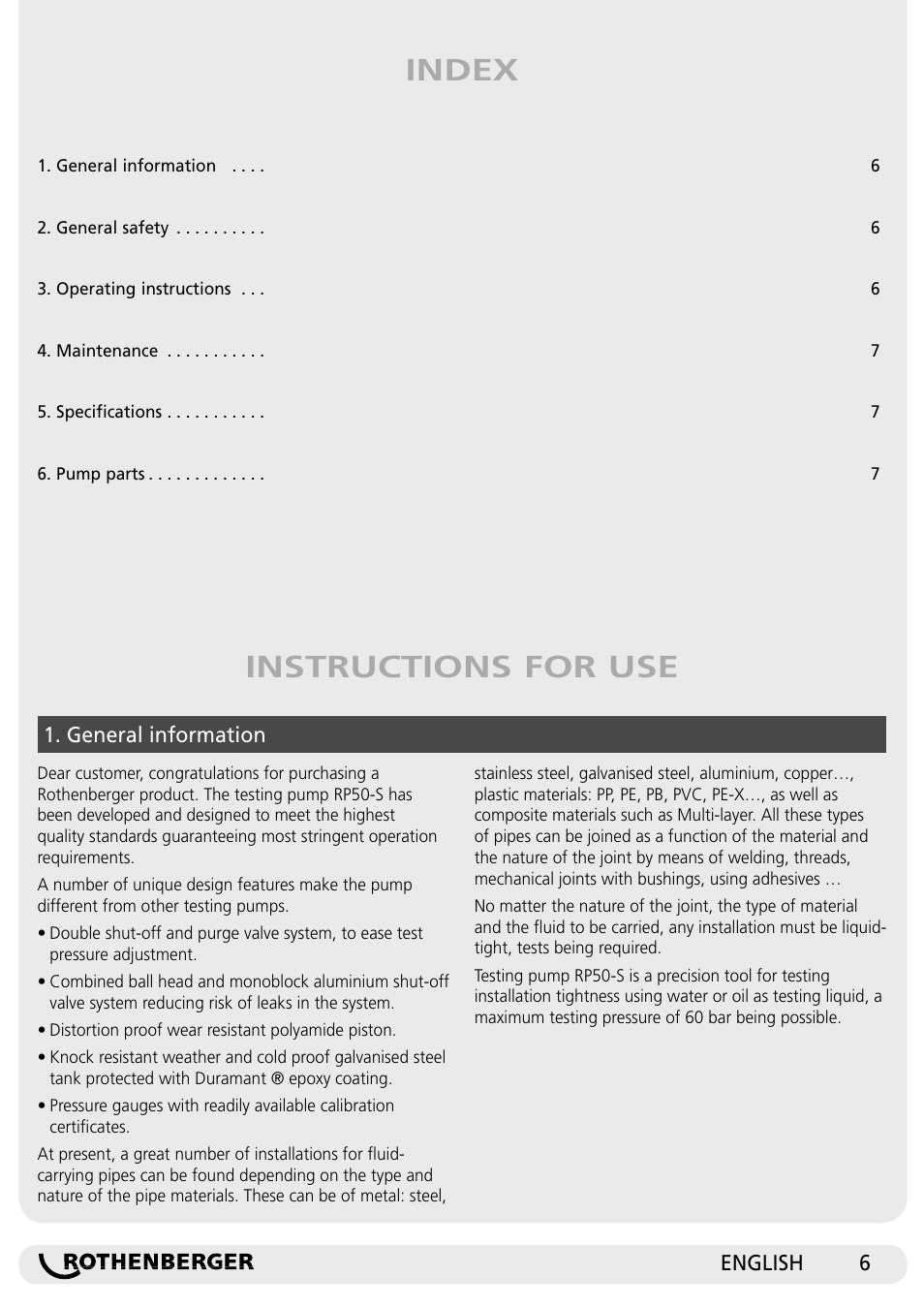 Instructions for use index | ROTHENBERGER RP 50-S/RP 50-S INOX User Manual | Page 6 / 24