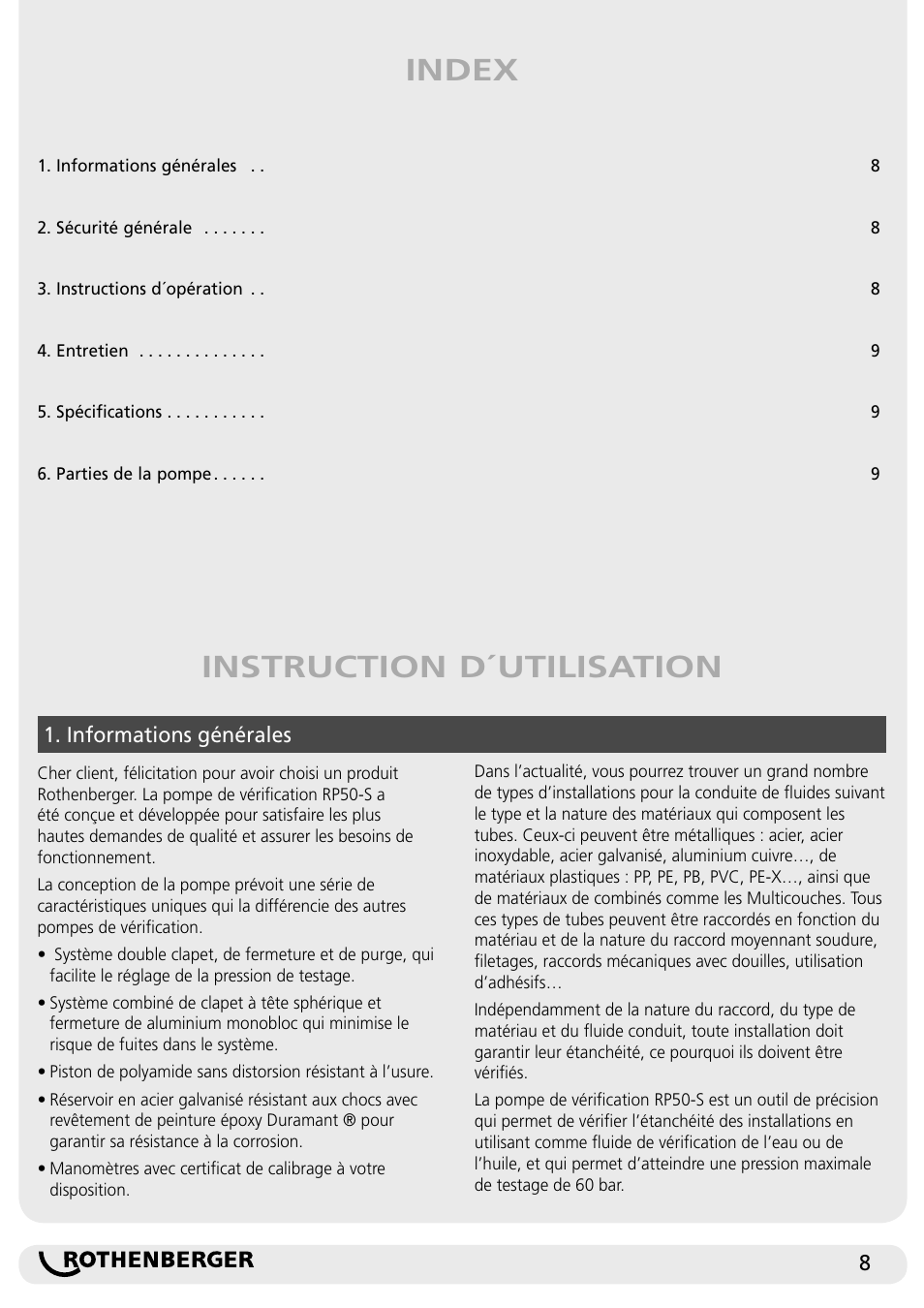 Instruction d´utilisation index | ROTHENBERGER RP 50-S/RP 50-S INOX User Manual | Page 8 / 24