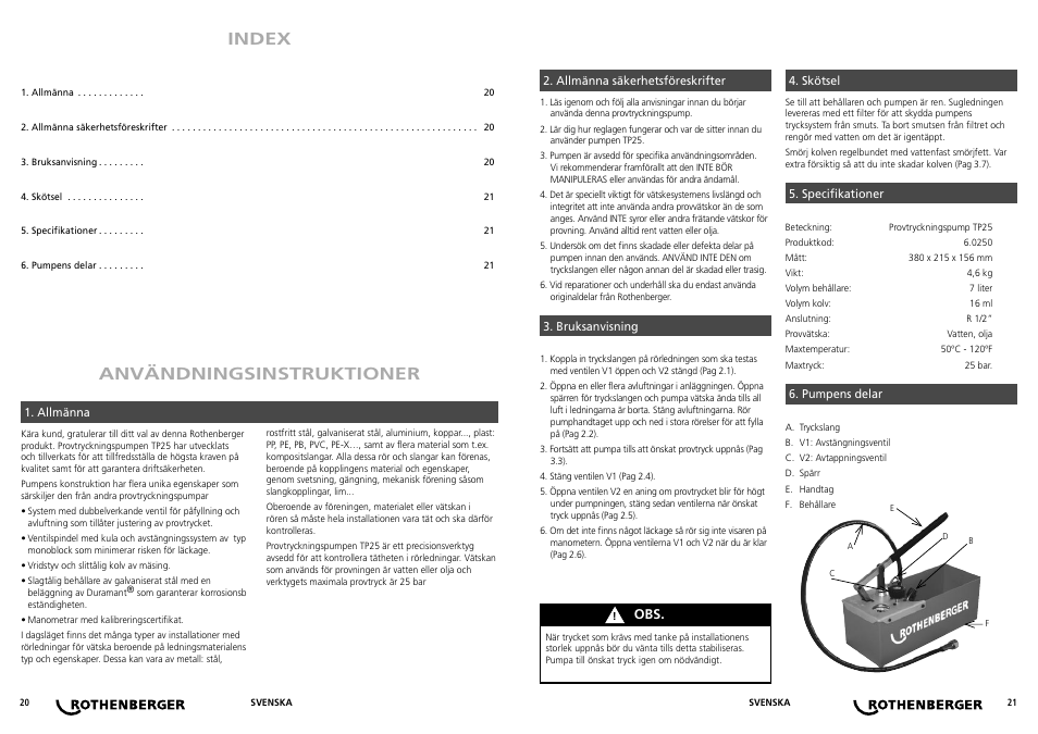 Användningsinstruktioner index | ROTHENBERGER TP 25 User Manual | Page 11 / 13