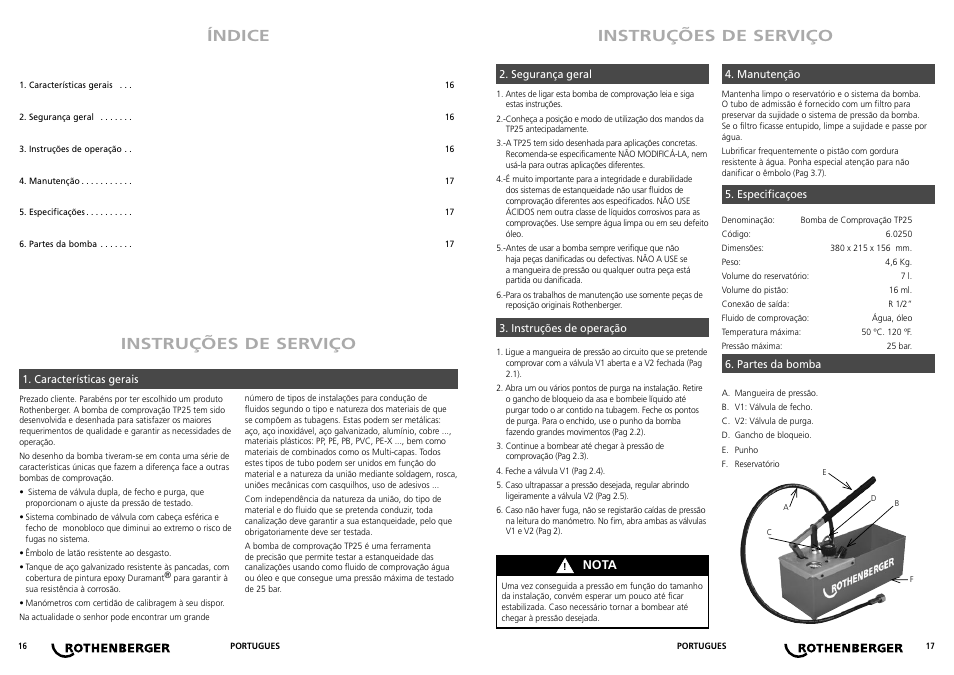 Instruções de serviço, Instruções de serviço índice | ROTHENBERGER TP 25 User Manual | Page 9 / 13