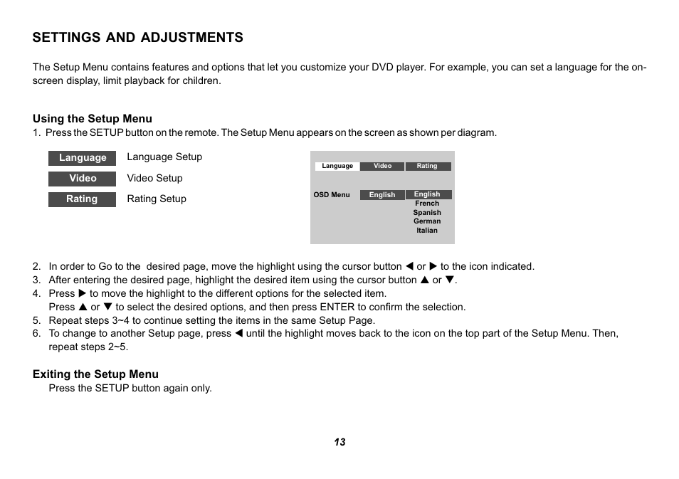 Settings and adjustments | Audiovox HR9000PKG User Manual | Page 13 / 25