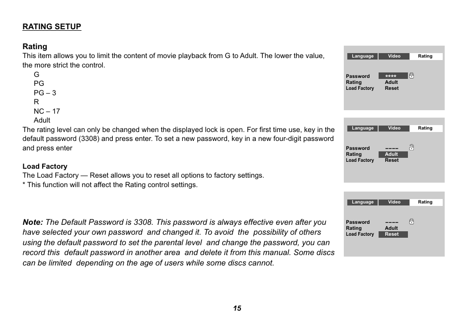 Rating setup rating | Audiovox HR9000PKG User Manual | Page 15 / 25