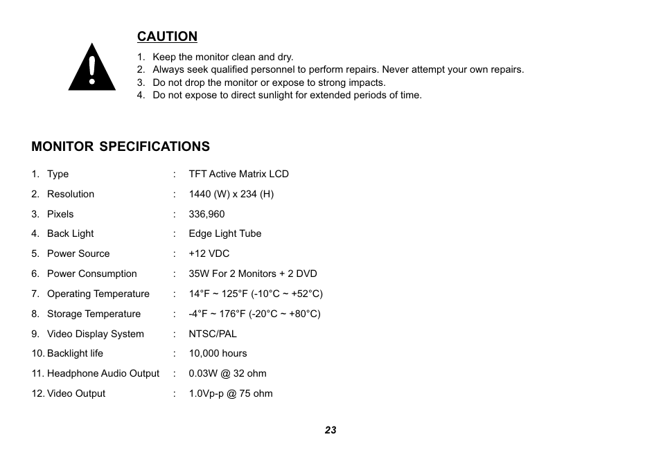 Caution, Monitor specifications | Audiovox HR9000PKG User Manual | Page 23 / 25