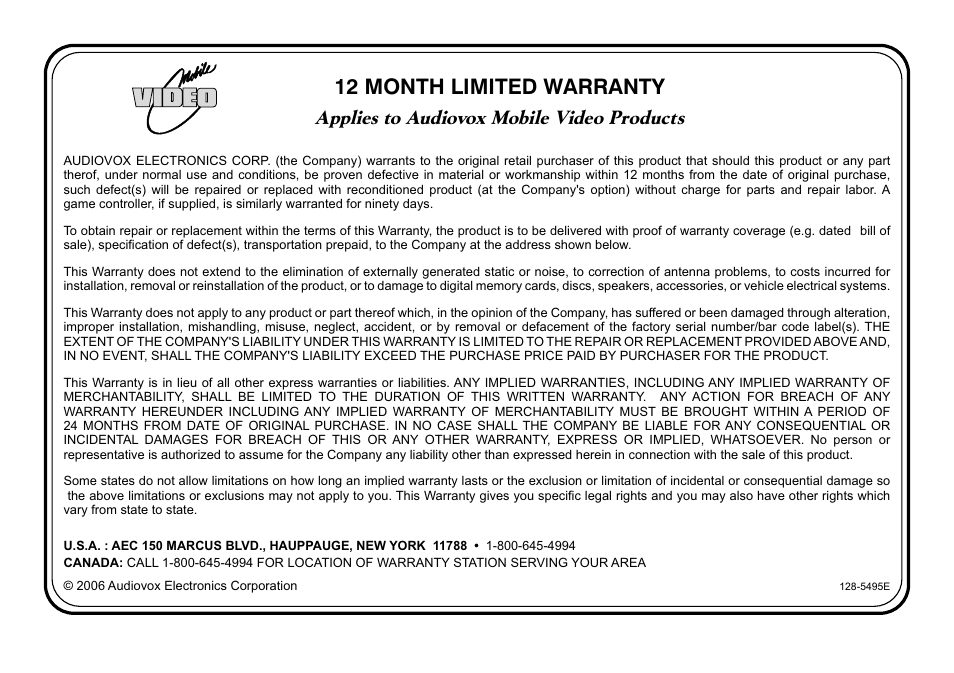 12 month limited warranty, Applies to audiovox mobile video products | Audiovox HR9000PKG User Manual | Page 24 / 25
