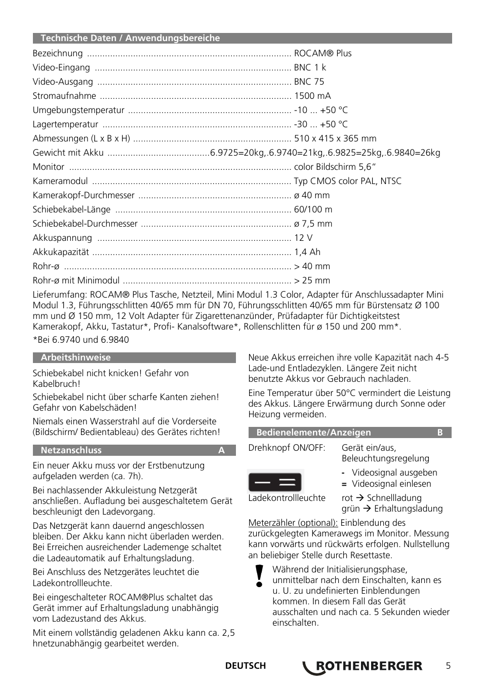 Arbeitshinweise, Netzanschluss a, Bedienelemente/anzeigen b | ROTHENBERGER ROCAM Plus User Manual | Page 11 / 116