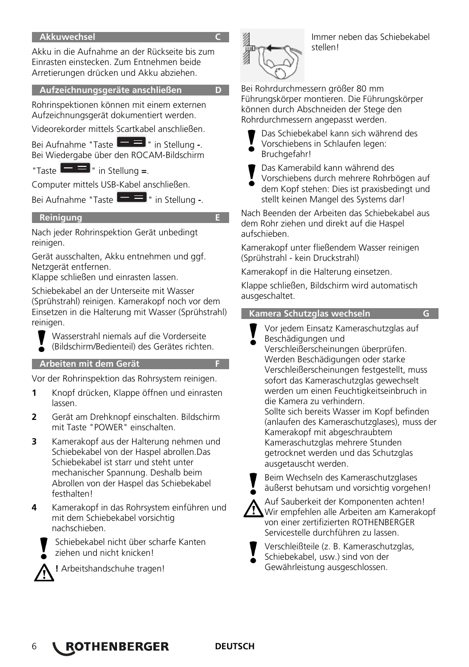 Akkuwechsel c, Aufzeichnungsgeräte anschließen d, Reinigung e | Arbeiten mit dem gerät f | ROTHENBERGER ROCAM Plus User Manual | Page 12 / 116