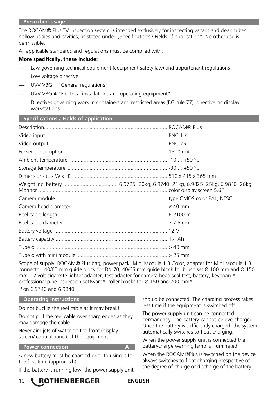 Operating instructions, Power connection a | ROTHENBERGER ROCAM Plus User Manual | Page 16 / 116