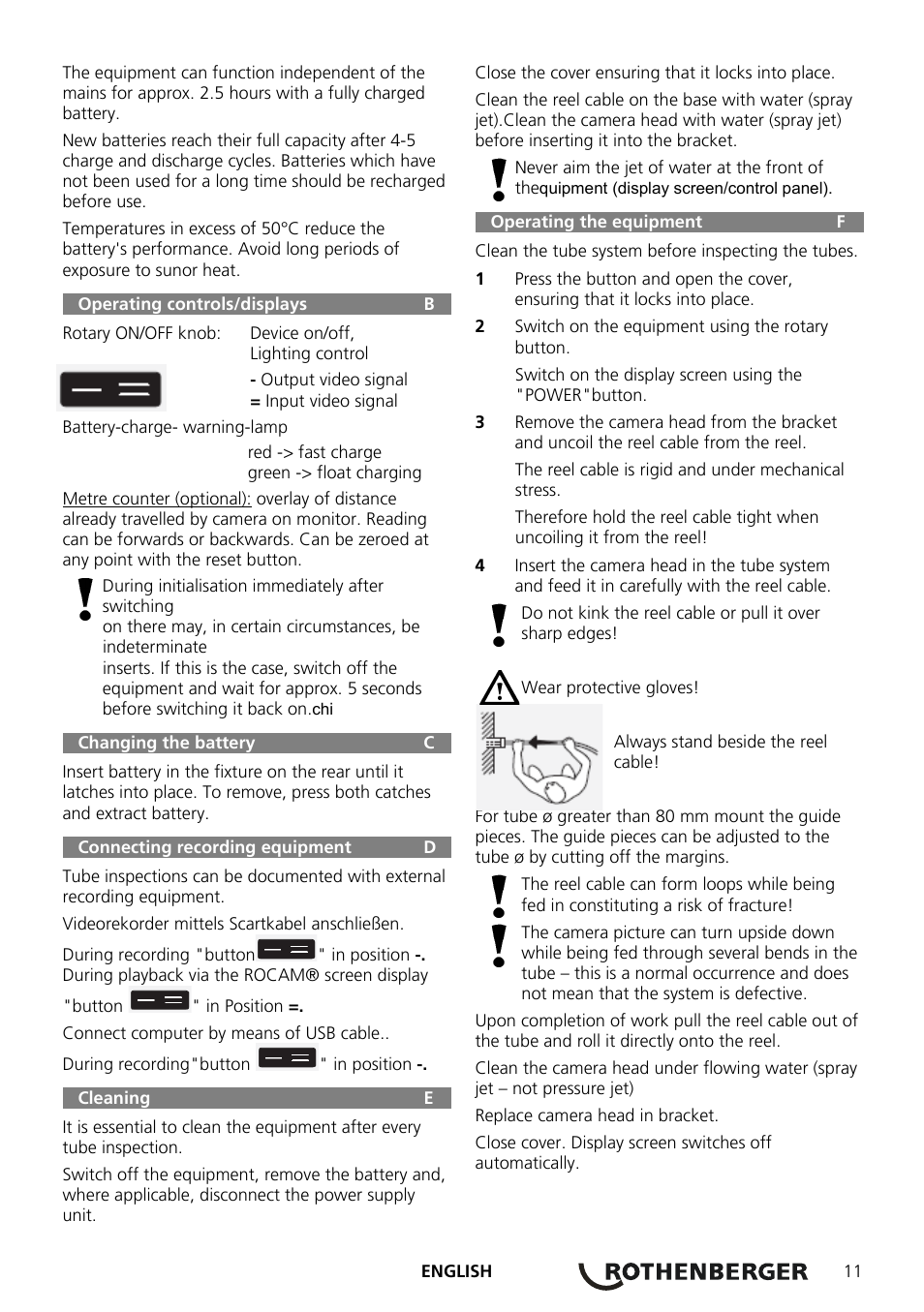 Operating controls/displays b, Changing the battery c, Connecting recording equipment d | Cleaning e, Operating the equipment f | ROTHENBERGER ROCAM Plus User Manual | Page 17 / 116