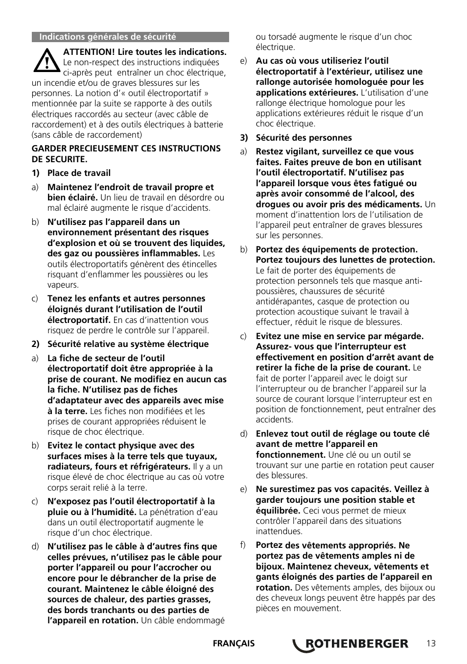 Indications générales de sécurité | ROTHENBERGER ROCAM Plus User Manual | Page 19 / 116