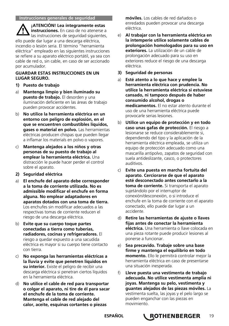 Instrucciones generales de seguridad | ROTHENBERGER ROCAM Plus User Manual | Page 25 / 116
