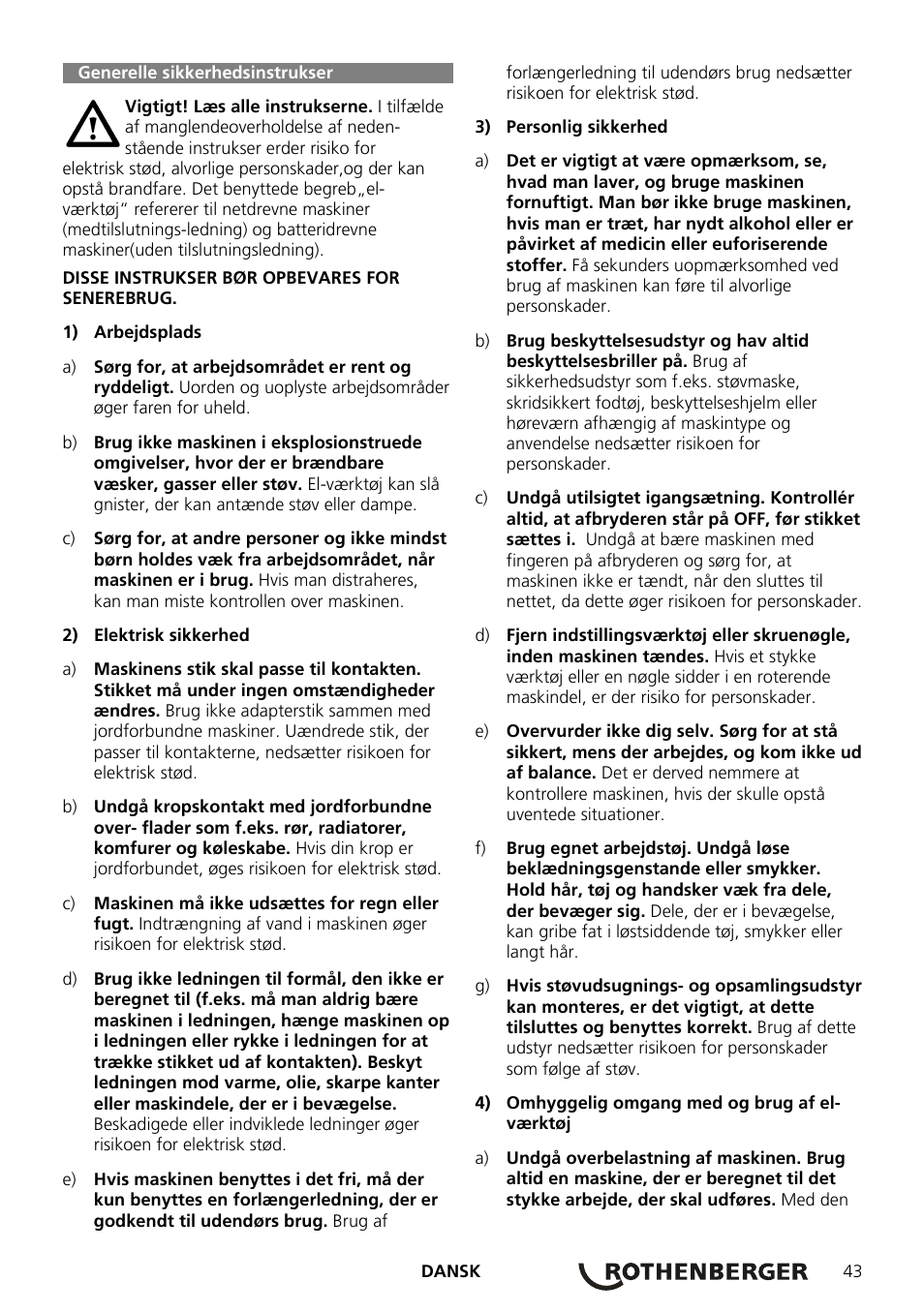 Generelle sikkerhedsinstrukser | ROTHENBERGER ROCAM Plus User Manual | Page 49 / 116
