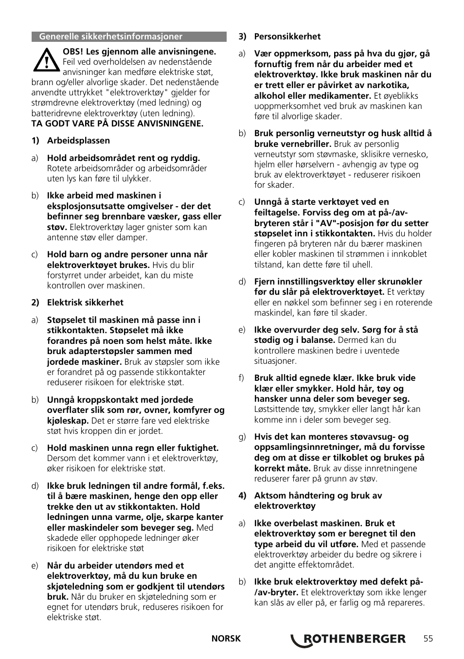Generelle sikkerhetsinformasjoner | ROTHENBERGER ROCAM Plus User Manual | Page 61 / 116