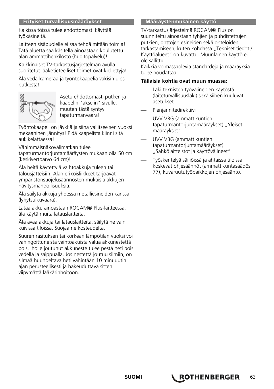 Erityiset turvallisuusmääräykset | ROTHENBERGER ROCAM Plus User Manual | Page 69 / 116