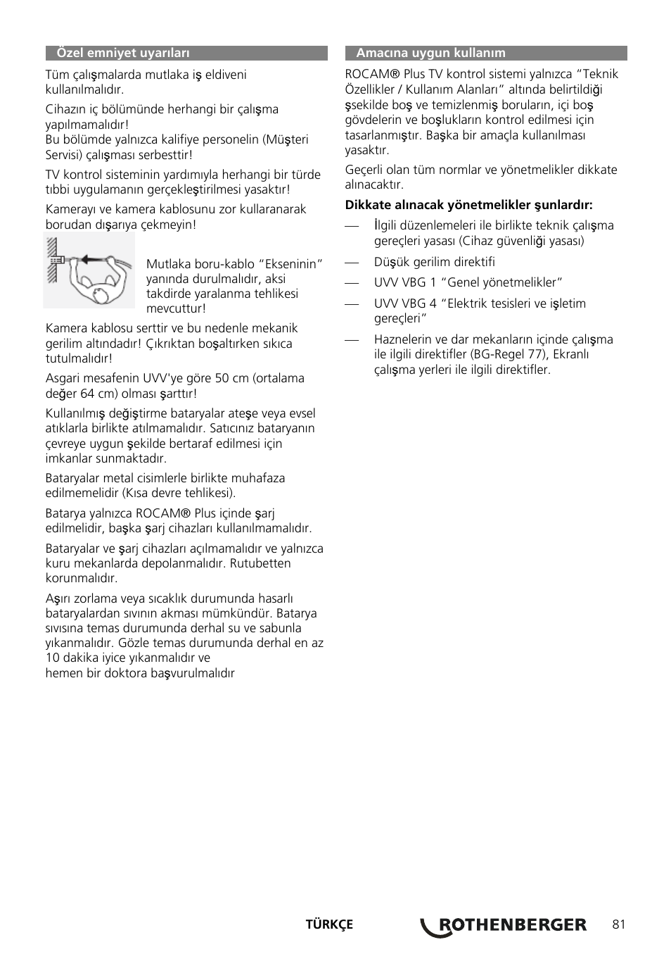 Özel emniyet uyarıları | ROTHENBERGER ROCAM Plus User Manual | Page 87 / 116