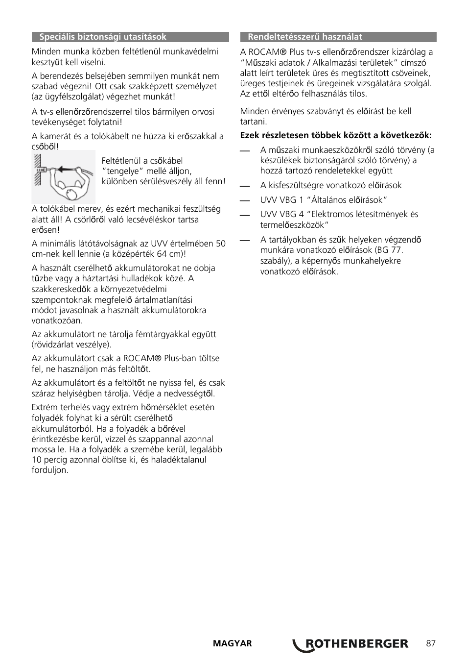 Speciális biztonsági utasítások, Rendeltetésszerű használat | ROTHENBERGER ROCAM Plus User Manual | Page 93 / 116