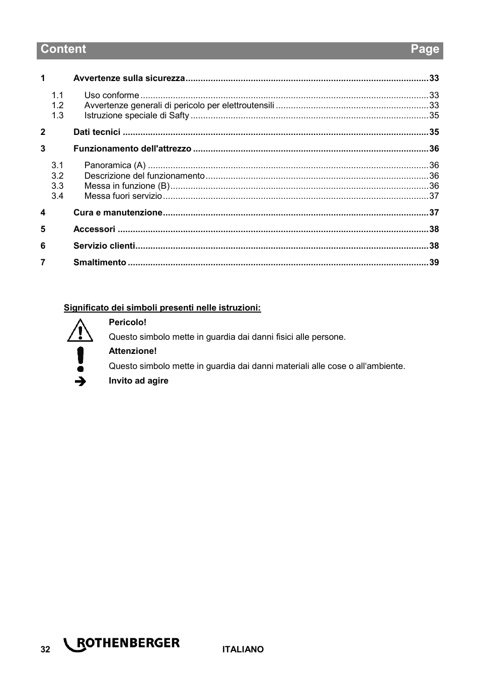 Ba_hd 11-13-17-19_0614 it, Content page | ROTHENBERGER Hochdruck-Rohrreiniger User Manual | Page 36 / 76