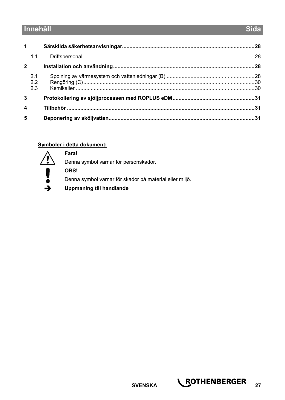 Ba_roclean injektor_0914 sv, Innehåll sida | ROTHENBERGER ROCLEAN Injektor User Manual | Page 29 / 44