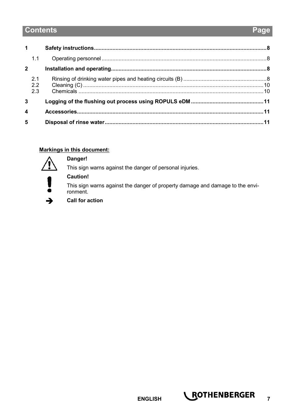 Ba_roclean injektor_0914 en, Contents page | ROTHENBERGER ROCLEAN Injektor User Manual | Page 9 / 44
