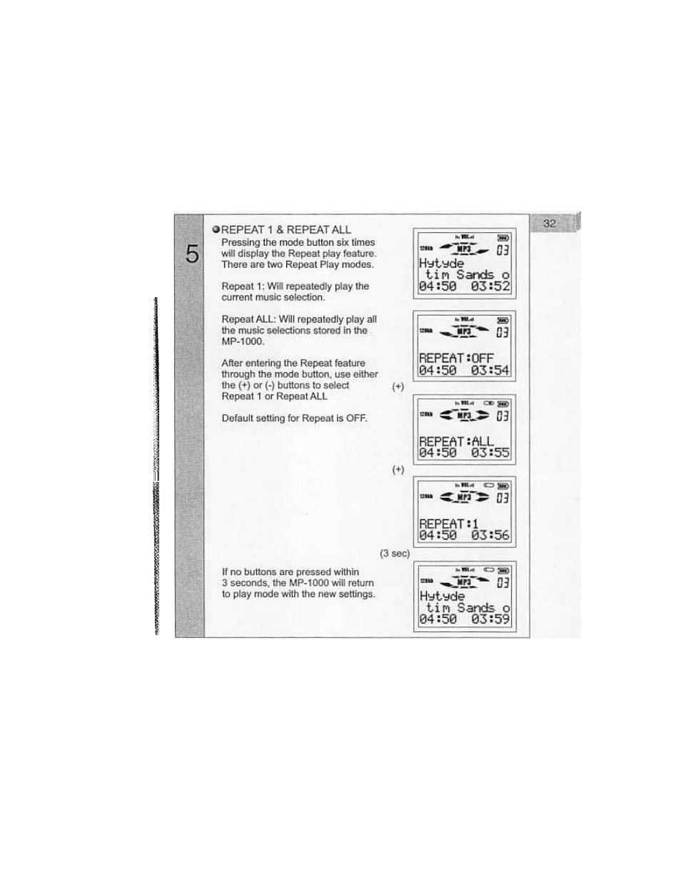 Tin sands о, Repeat:all | Audiovox MP-1000 User Manual | Page 34 / 42
