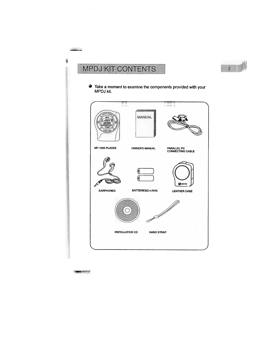 Mpdj kit contents | Audiovox MP-1000 User Manual | Page 4 / 42