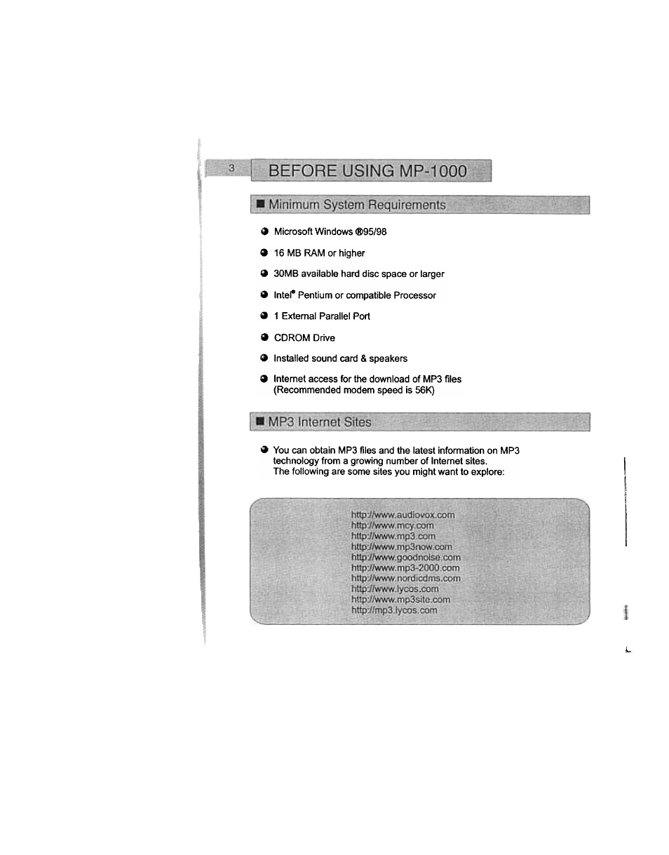 Before using m p-1000, Ip minim jm system requir^ents | Audiovox MP-1000 User Manual | Page 5 / 42