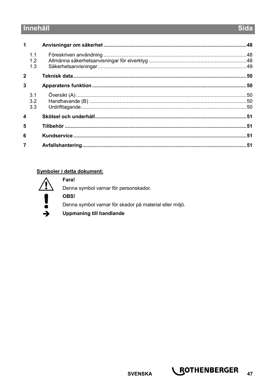 Ba_rospi r 36 plus_0714 sv, Innehåll sida | ROTHENBERGER ROSPI R 36 Plus User Manual | Page 51 / 64