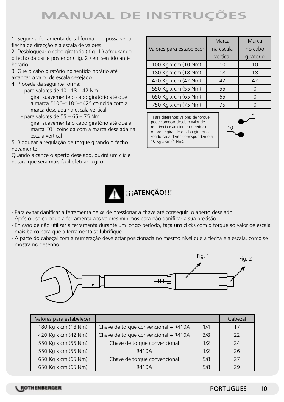 Manual de instruções, Portugues, Atenção | ROTHENBERGER Drehmomentgabelschlüssel-Satz, 7-teilig User Manual | Page 10 / 12