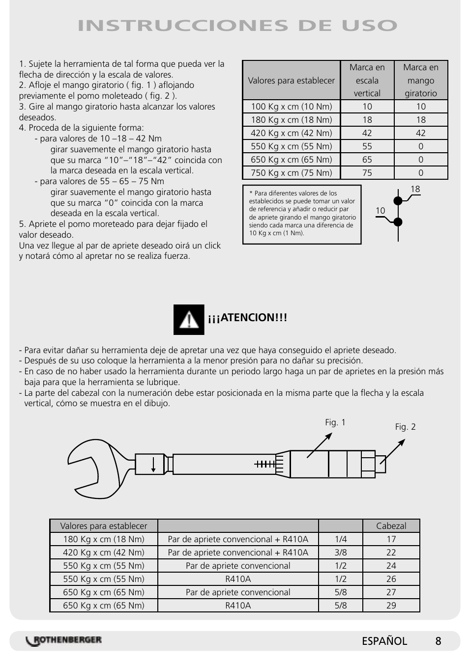 Instrucciones de uso, Español, Atencion | ROTHENBERGER Drehmomentgabelschlüssel-Satz, 7-teilig User Manual | Page 8 / 12