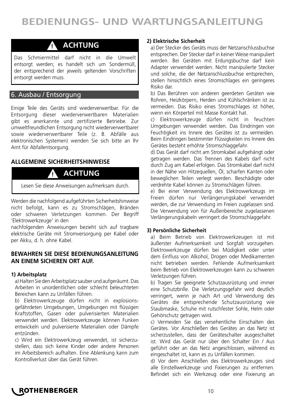 Bedienungs- und wartungsanleitung, Achtung | ROTHENBERGER ROKLIMA MULTI 4F User Manual | Page 10 / 80