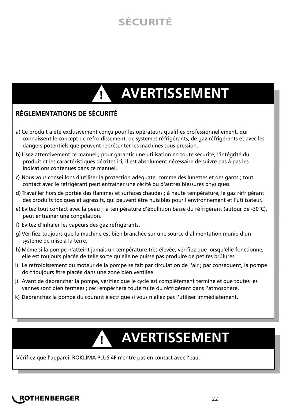 Avertissement, Sécurité | ROTHENBERGER ROKLIMA MULTI 4F User Manual | Page 22 / 80