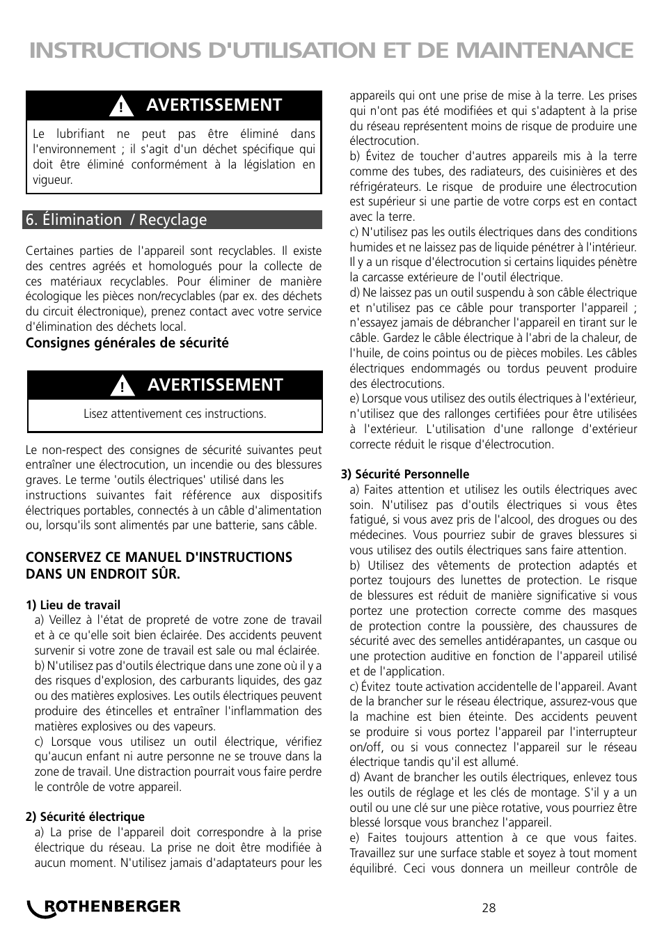 Instructions d'utilisation et de maintenance, Avertissement | ROTHENBERGER ROKLIMA MULTI 4F User Manual | Page 28 / 80
