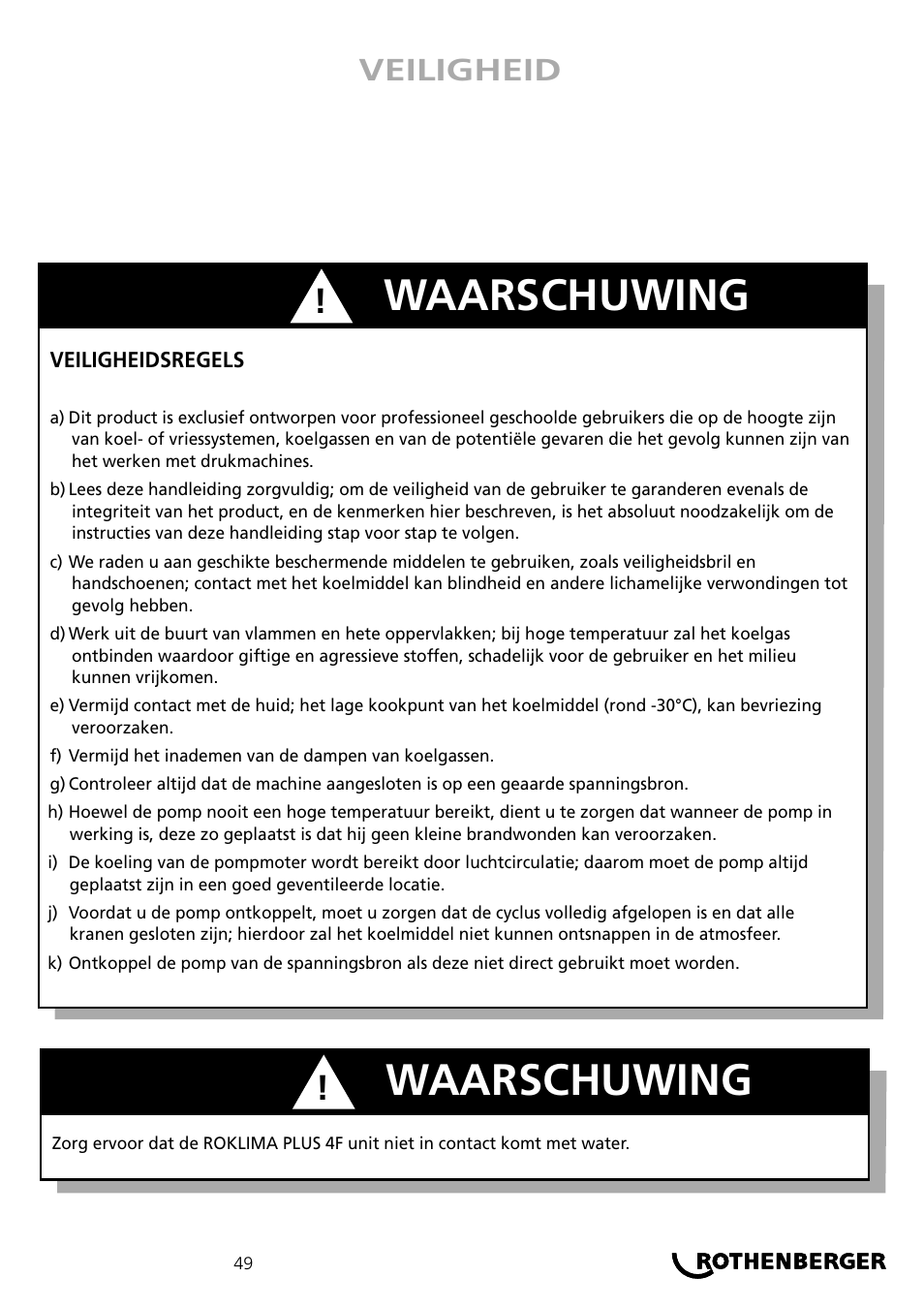 Waarschuwing, Veiligheid | ROTHENBERGER ROKLIMA MULTI 4F User Manual | Page 49 / 80