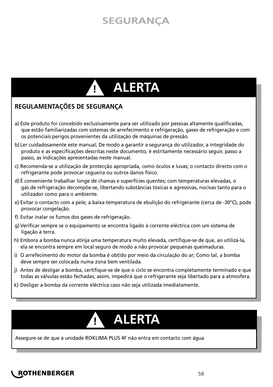 Alerta, Segurança | ROTHENBERGER ROKLIMA MULTI 4F User Manual | Page 58 / 80
