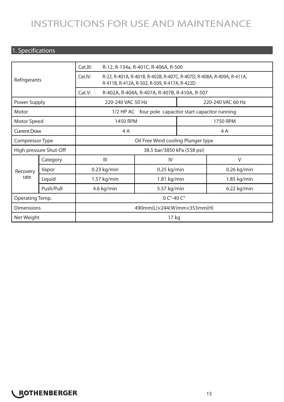 Instructions for use and maintenance, Specifications | ROTHENBERGER ROREC v.1 User Manual | Page 16 / 76