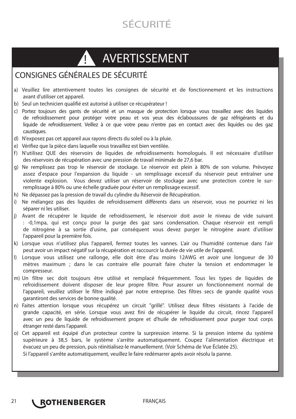 Avertissement, Sécurité, Consignes générales de sécurité | ROTHENBERGER ROREC v.1 User Manual | Page 22 / 76