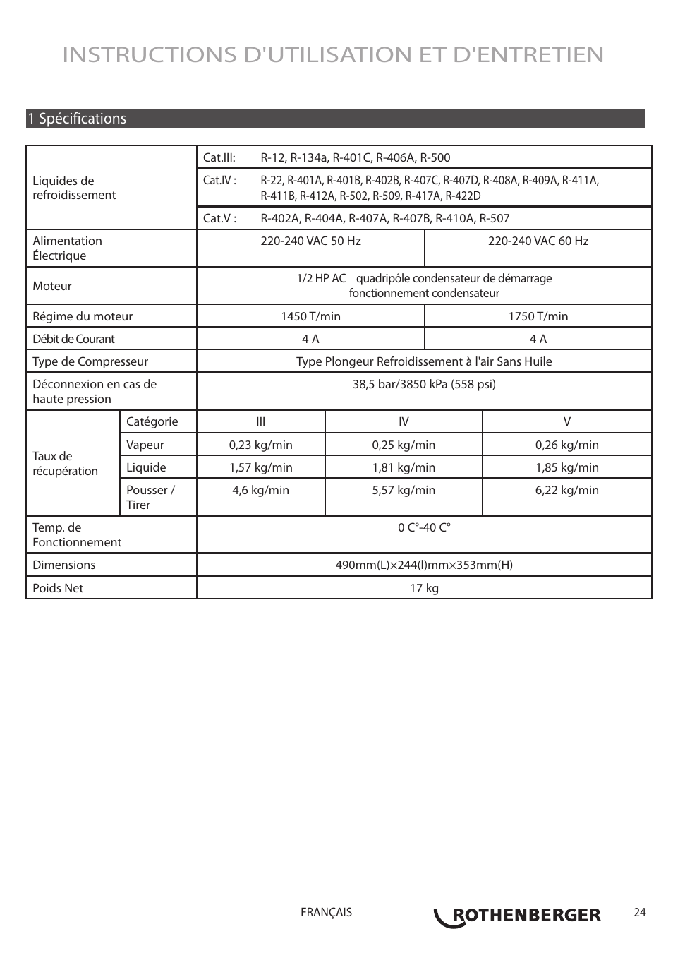 Instructions d'utilisation et d'entretien, 1 spécifications | ROTHENBERGER ROREC v.1 User Manual | Page 25 / 76