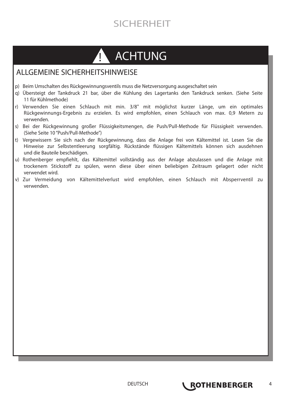 Achtung, Sicherheit, Allgemeine sicherheitshinweise | ROTHENBERGER ROREC v.1 User Manual | Page 5 / 76