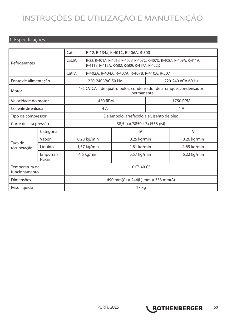 Instruções de utilização e manutenção, Especificações | ROTHENBERGER ROREC v.1 User Manual | Page 61 / 76