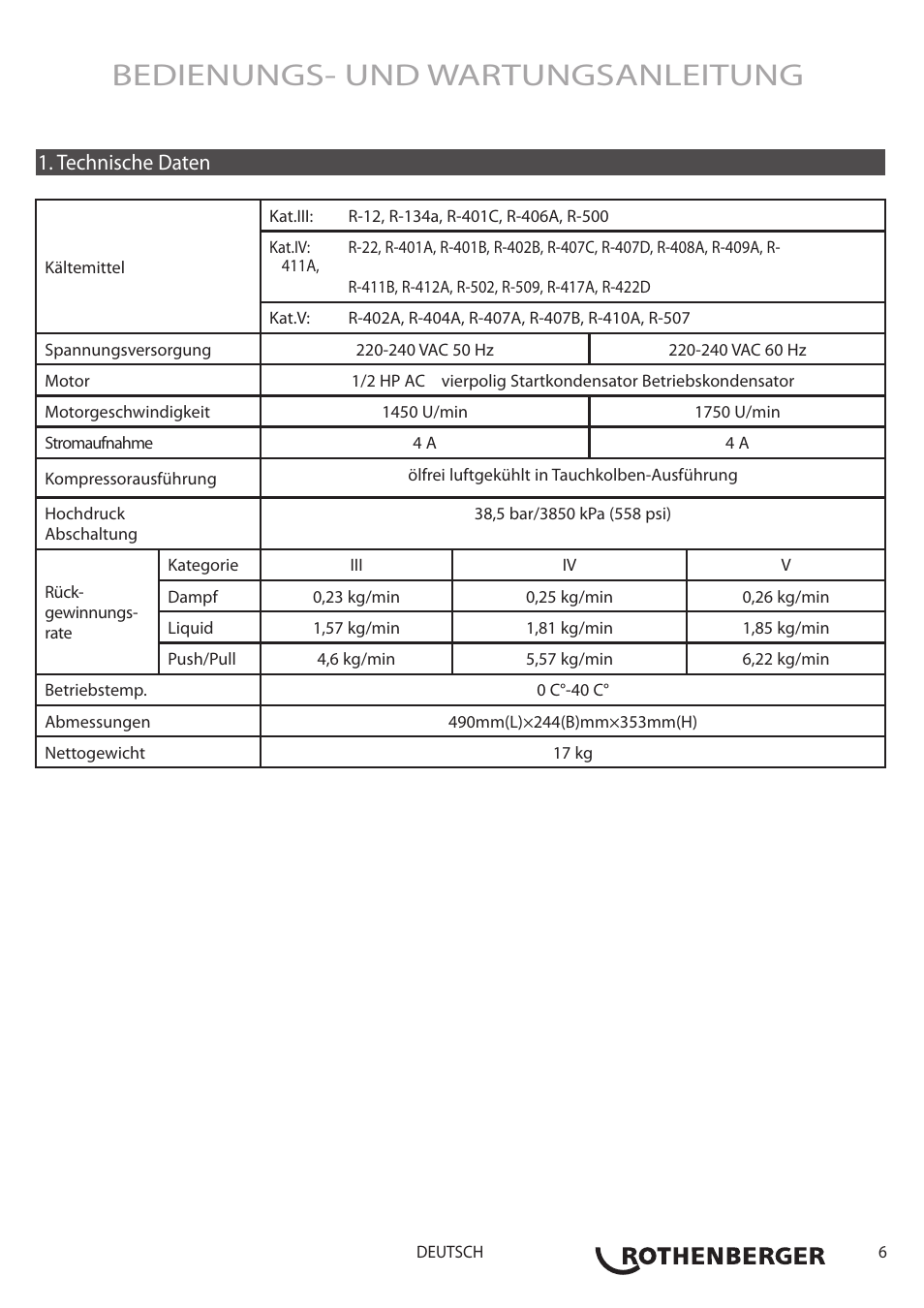 Bedienungs- und wartungsanleitung, Technische daten | ROTHENBERGER ROREC v.1 User Manual | Page 7 / 76