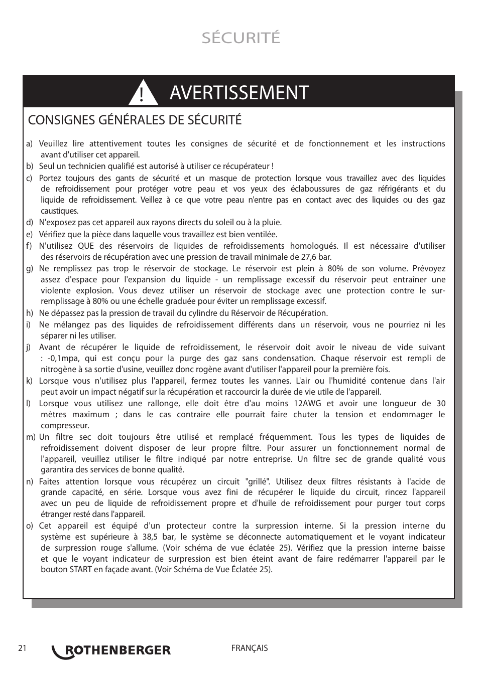 Avertissement, Sécurité, Consignes générales de sécurité | ROTHENBERGER ROREC PRO v.1 User Manual | Page 22 / 77