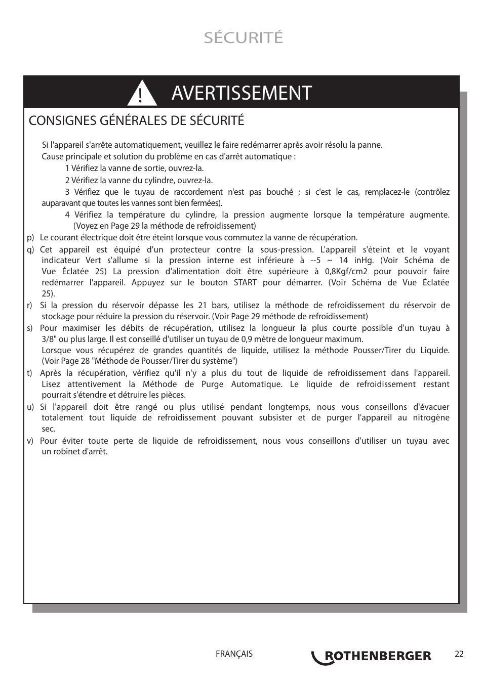 Avertissement, Sécurité, Consignes générales de sécurité | ROTHENBERGER ROREC PRO v.1 User Manual | Page 23 / 77