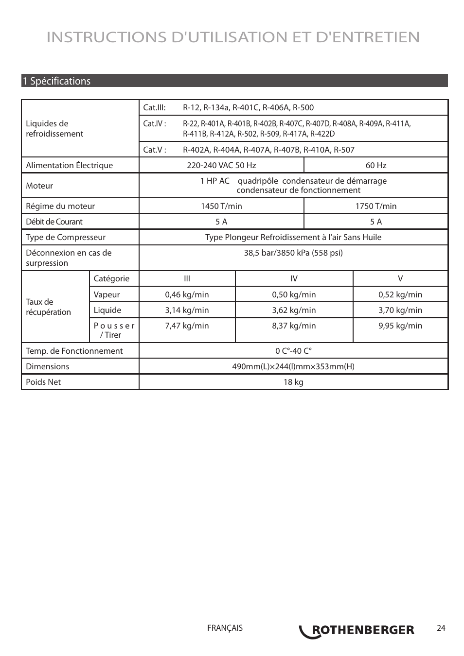 Instructions d'utilisation et d'entretien, 1 spécifications | ROTHENBERGER ROREC PRO v.1 User Manual | Page 25 / 77
