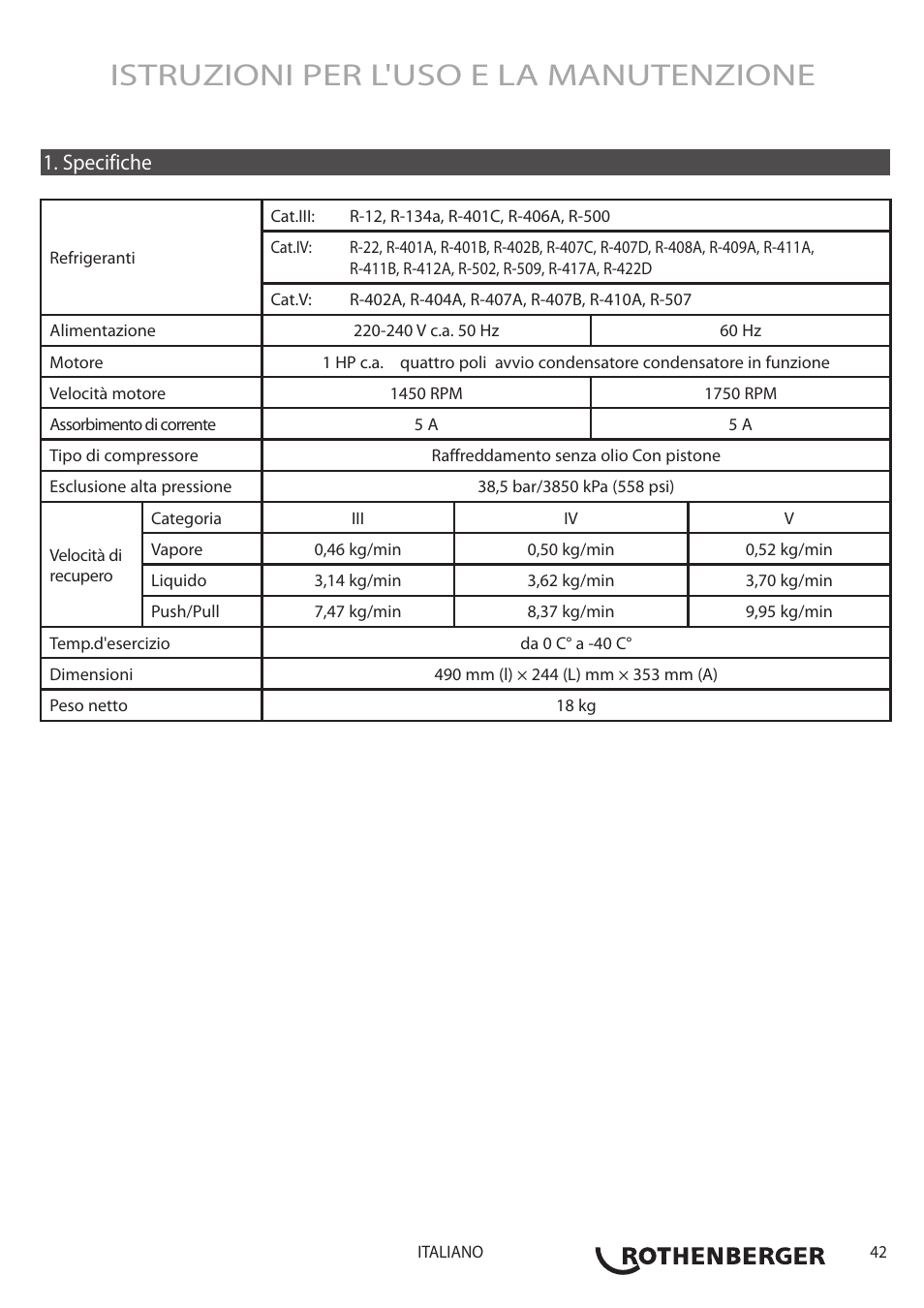 Istruzioni per l'uso e la manutenzione, Specifiche | ROTHENBERGER ROREC PRO v.1 User Manual | Page 43 / 77