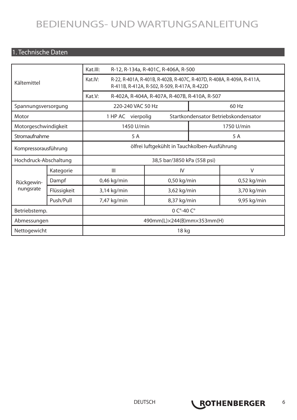 Bedienungs- und wartungsanleitung, Technische daten | ROTHENBERGER ROREC PRO v.1 User Manual | Page 7 / 77
