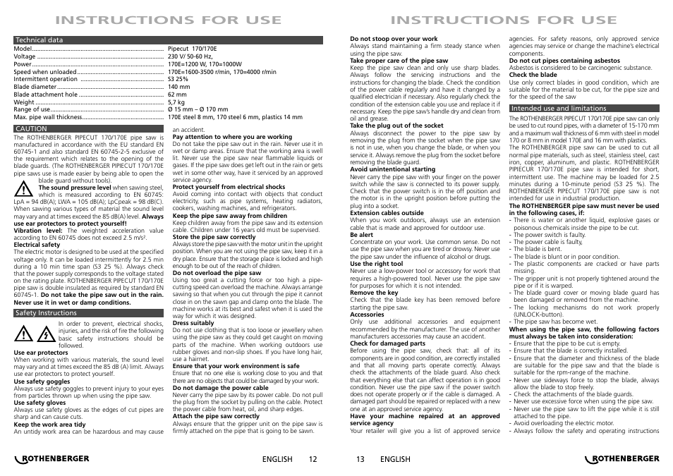 Instructions for use | ROTHENBERGER PIPECUT 170/170 E User Manual | Page 7 / 33