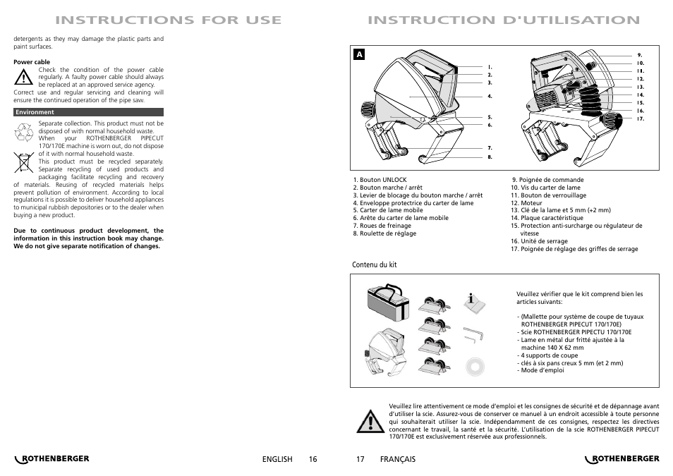 Instructions for use instruction d'utilisation | ROTHENBERGER PIPECUT 170/170 E User Manual | Page 9 / 33