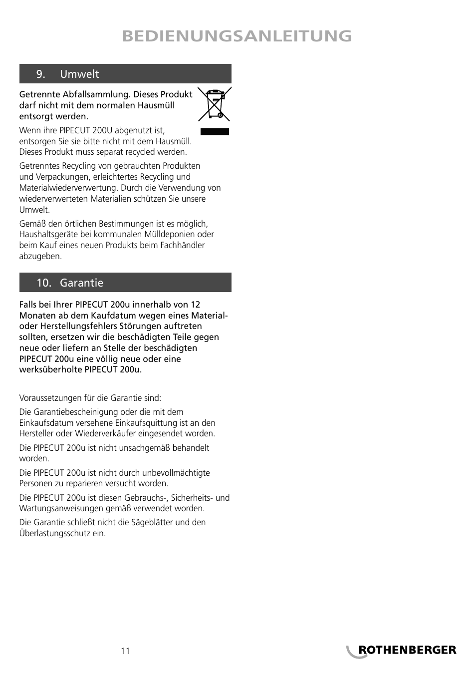 Bedienungsanleitung | ROTHENBERGER PIPECUT 200 U User Manual | Page 11 / 68